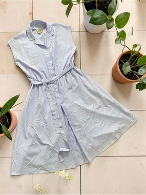 Toujours Toi - Family Affairs Cotton Blue Pinstripe Belted Shirt Dress, L